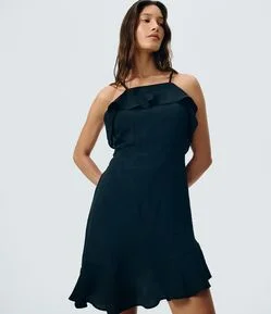 Vestido Curto em Viscose com Babado e Barra Assimétrica