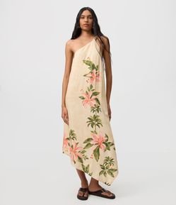 Vestido Frente Única Floral em Viscolinho com Barra Lenço Assimétrica