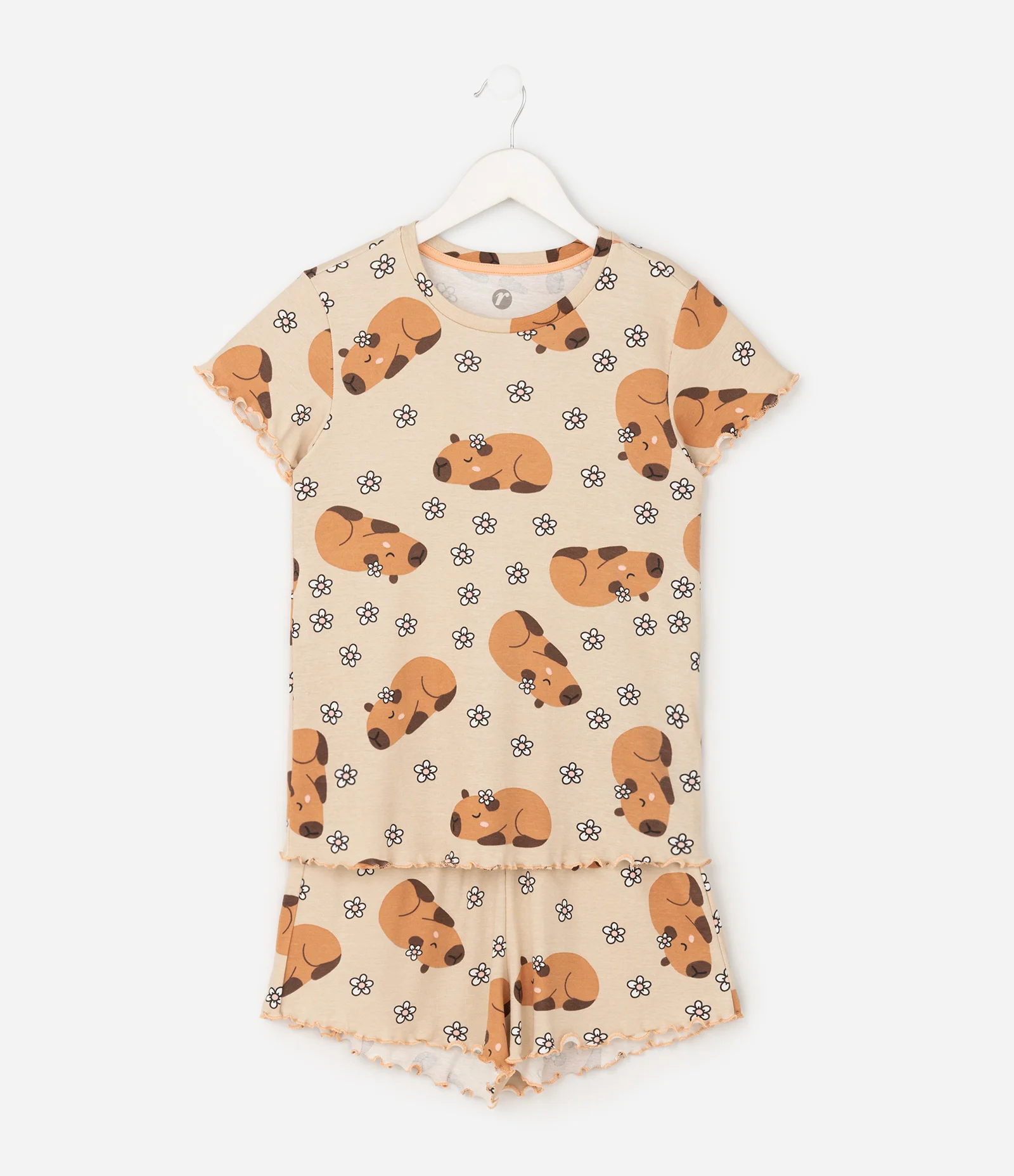 Conjunto de Pijama Infantil em Algodão com Estampa de Capivaras - Tam 5 A 16 Anos Bege 1