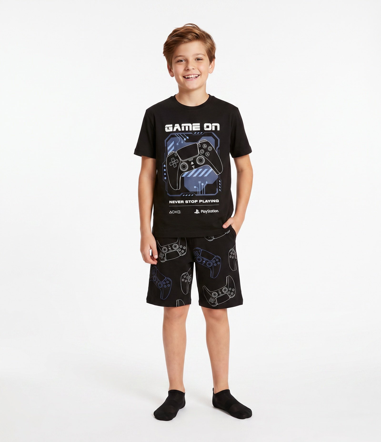 Conjunto de Pijama Infantil PlayStation com Blusa e Short - Tam 7 a 16 Anos Preto 1
