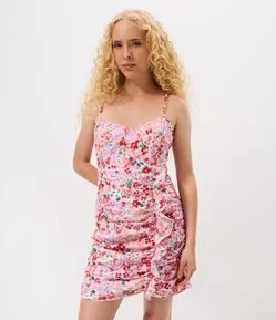 Vestido Curto em Tricoline com Estampa de Flores e Drapeado