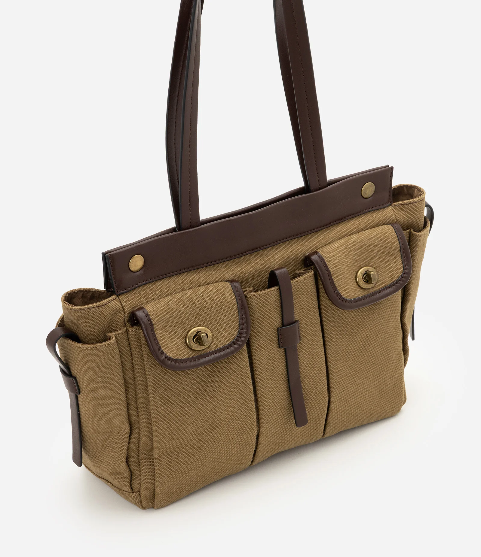 Bolsa Shopper Grande com Bolsos Frontais Bege 2
