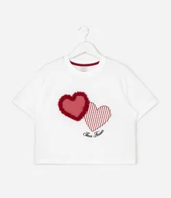 Blusa Infantil Boxy Em Algodão com Aplicação de Corações - Tam 5 a 16 Anos