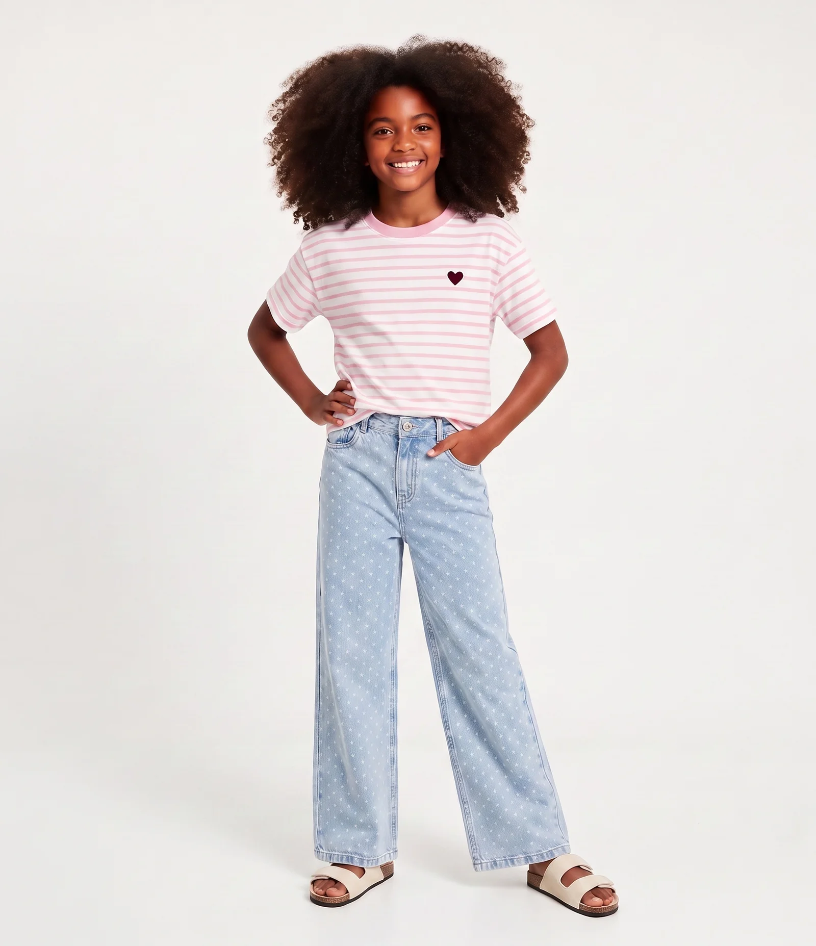 Camiseta Infantil em Algodão com Bordado de Coração e Listras - Tam 5 a 16 Anos Branco/Rosa 1