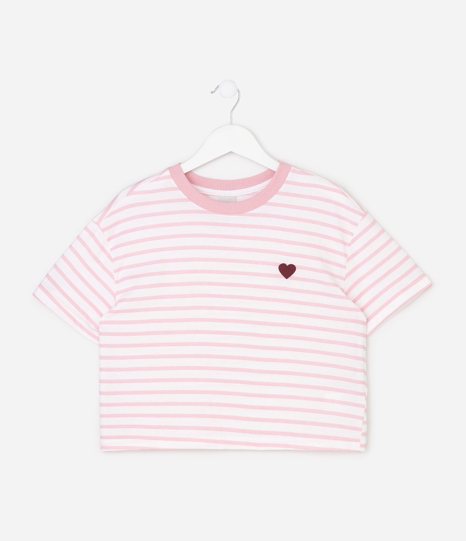 Camiseta Infantil em Algodão com Bordado de Coração e Listras - Tam 5 a 16 Anos Branco/Rosa 2