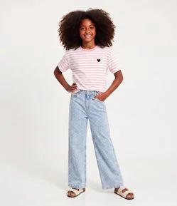 Camiseta Infantil em Algodão com Bordado de Coração e Listras - Tam 5 a 16 Anos
