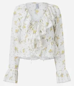 Blusa Floral em Algodão com Renda e Babados no Decote