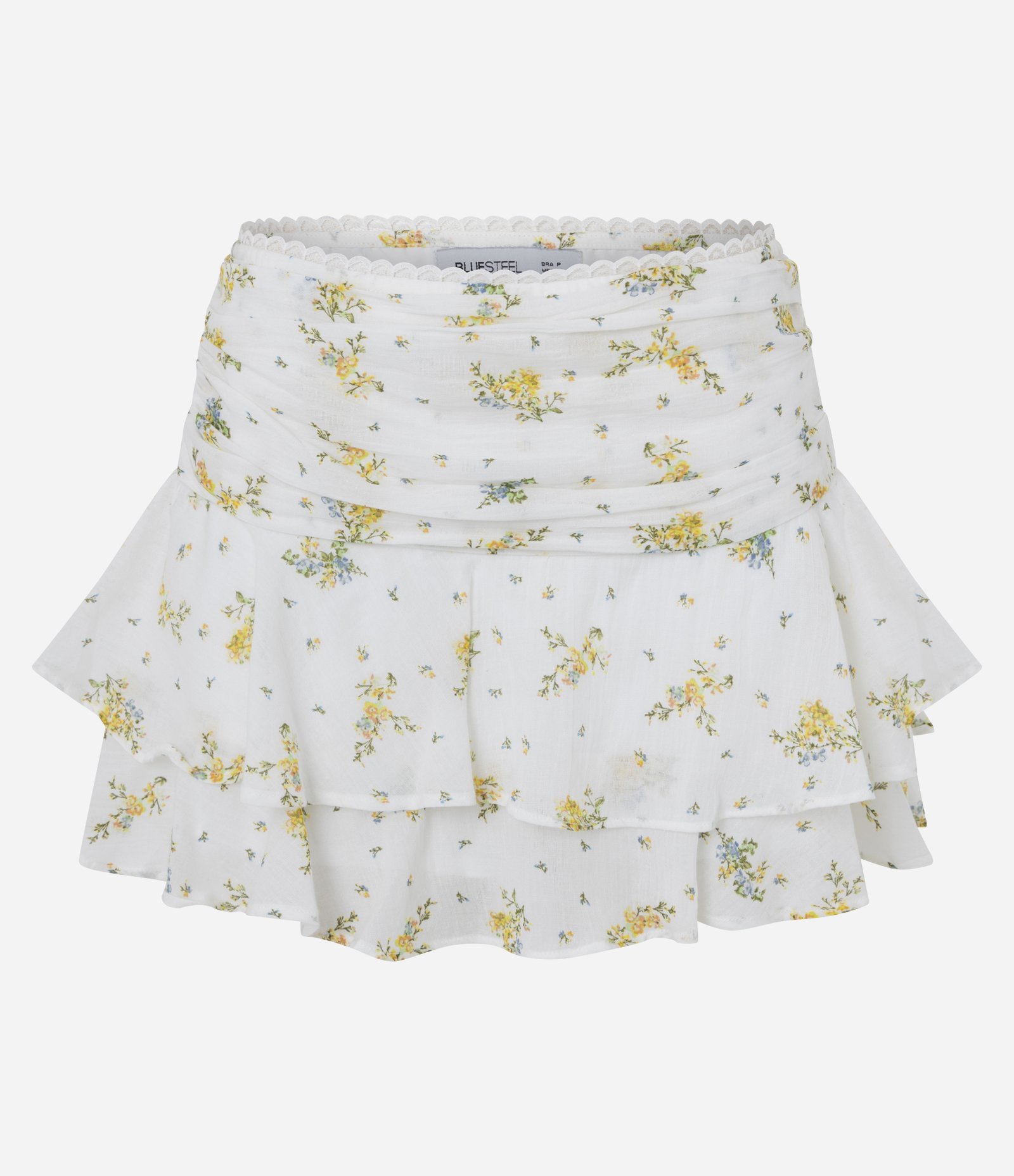 Short Saia Floral em Algodão com Babados em Camadas Branco 1