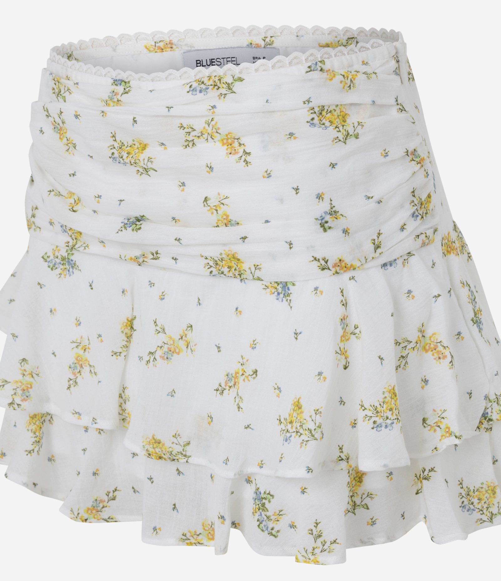 Short Saia Floral em Algodão com Babados em Camadas Branco 2