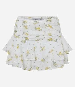 Short Saia Floral em Algodão com Babados em Camadas