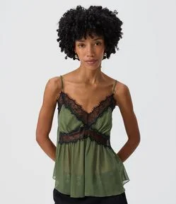 Blusa de Alcinha em Chiffon com Aplicações de Renda