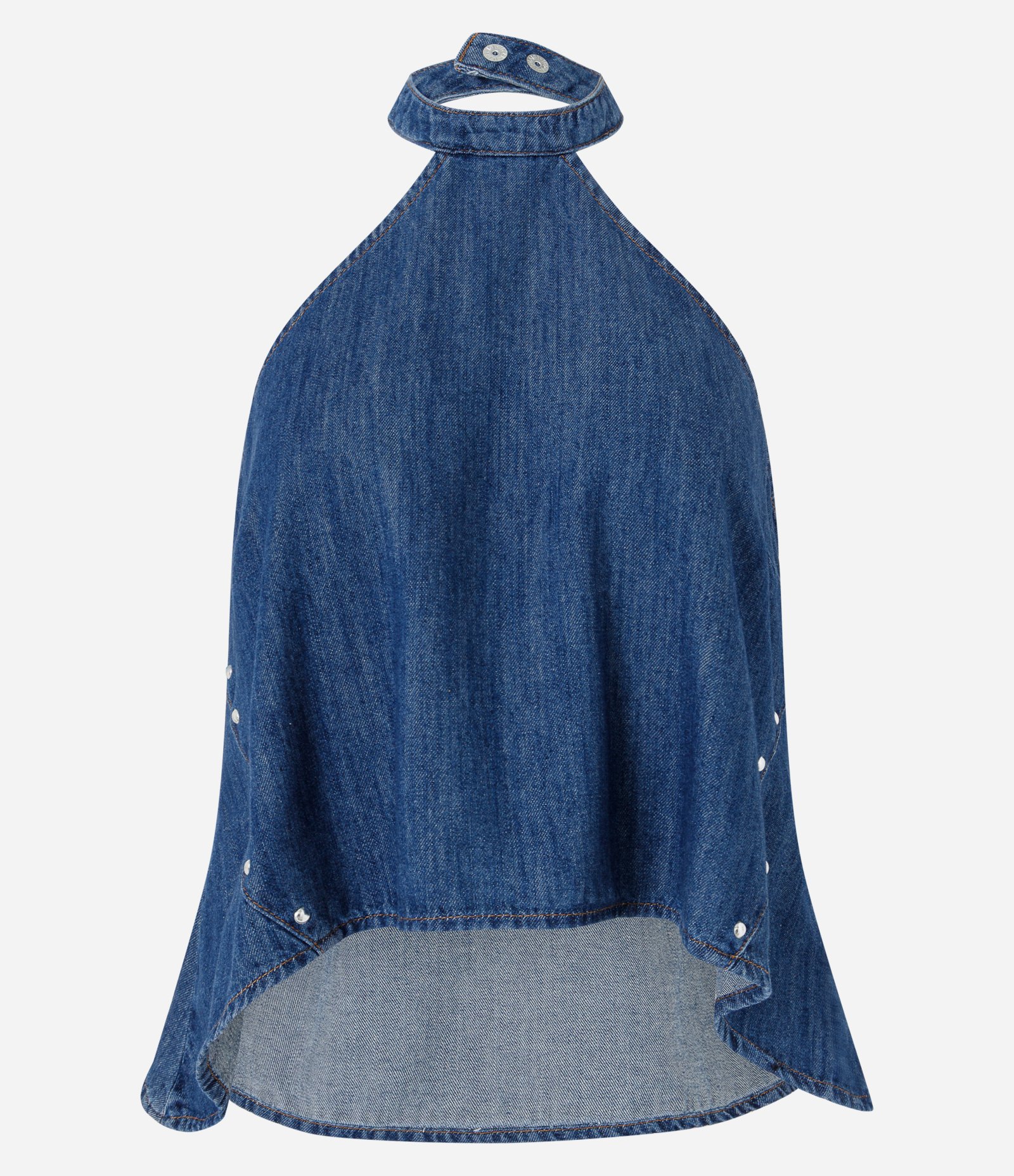 Blusa Frente Única em Jeans com Gola Halter e Tachas Laterais Azul 5