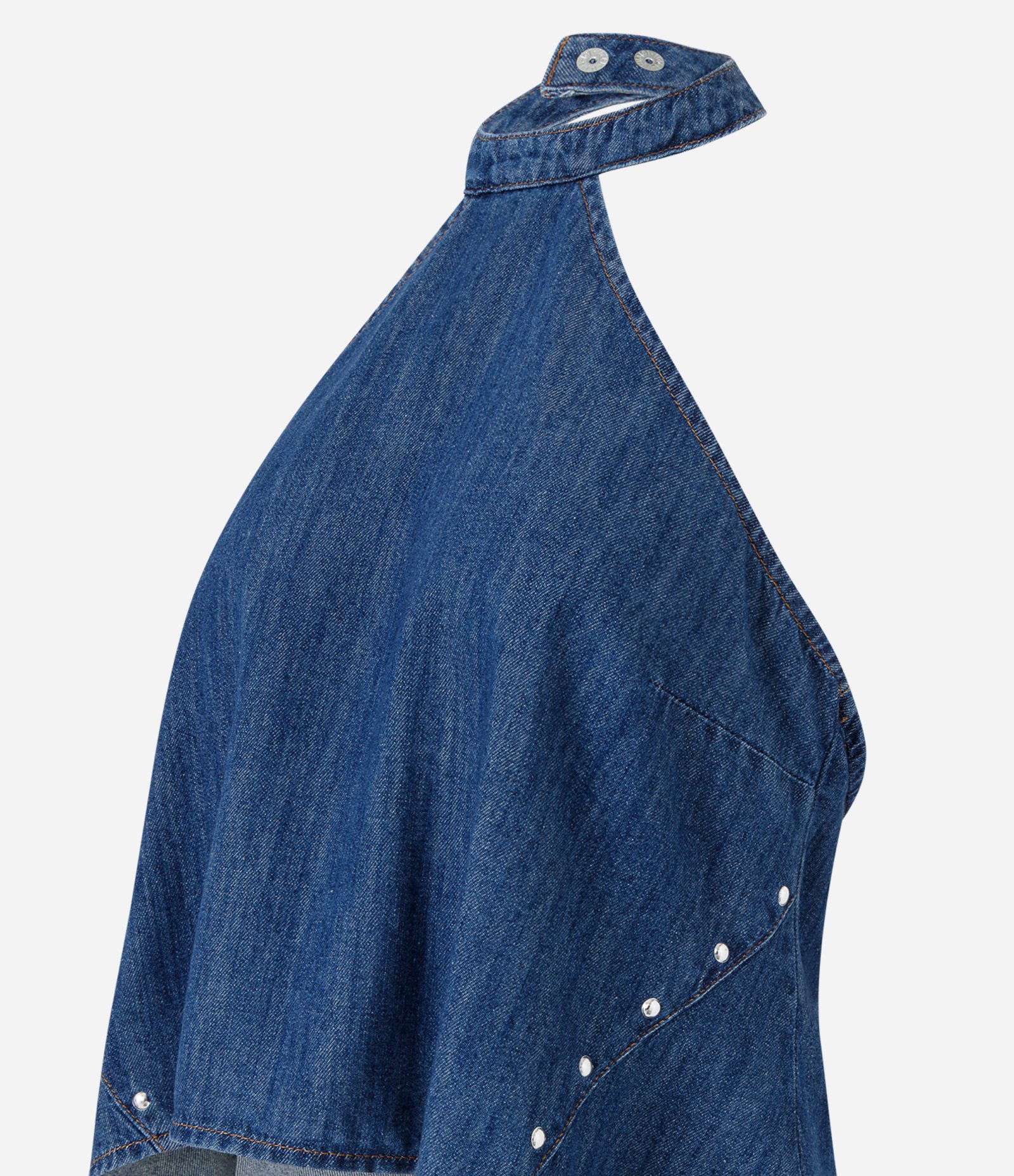 Blusa Frente Única em Jeans com Gola Halter e Tachas Laterais Azul 6
