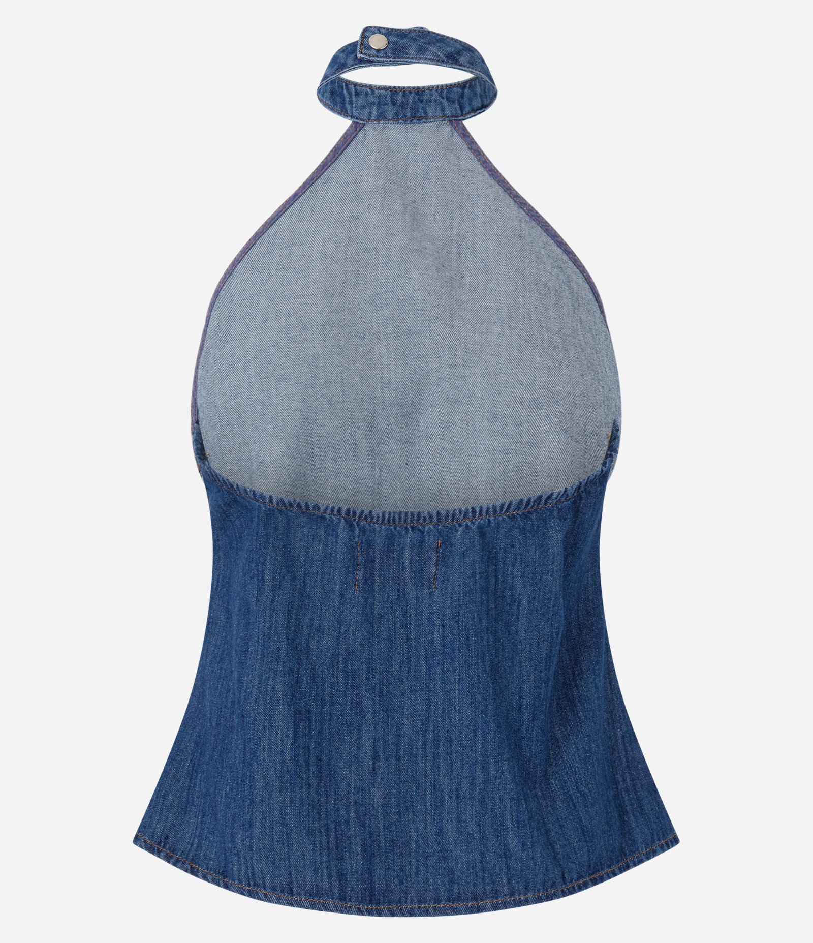 Blusa Frente Única em Jeans com Gola Halter e Tachas Laterais Azul 7