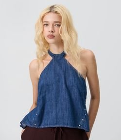 Blusa Frente Única em Jeans com Gola Halter e Tachas Laterais