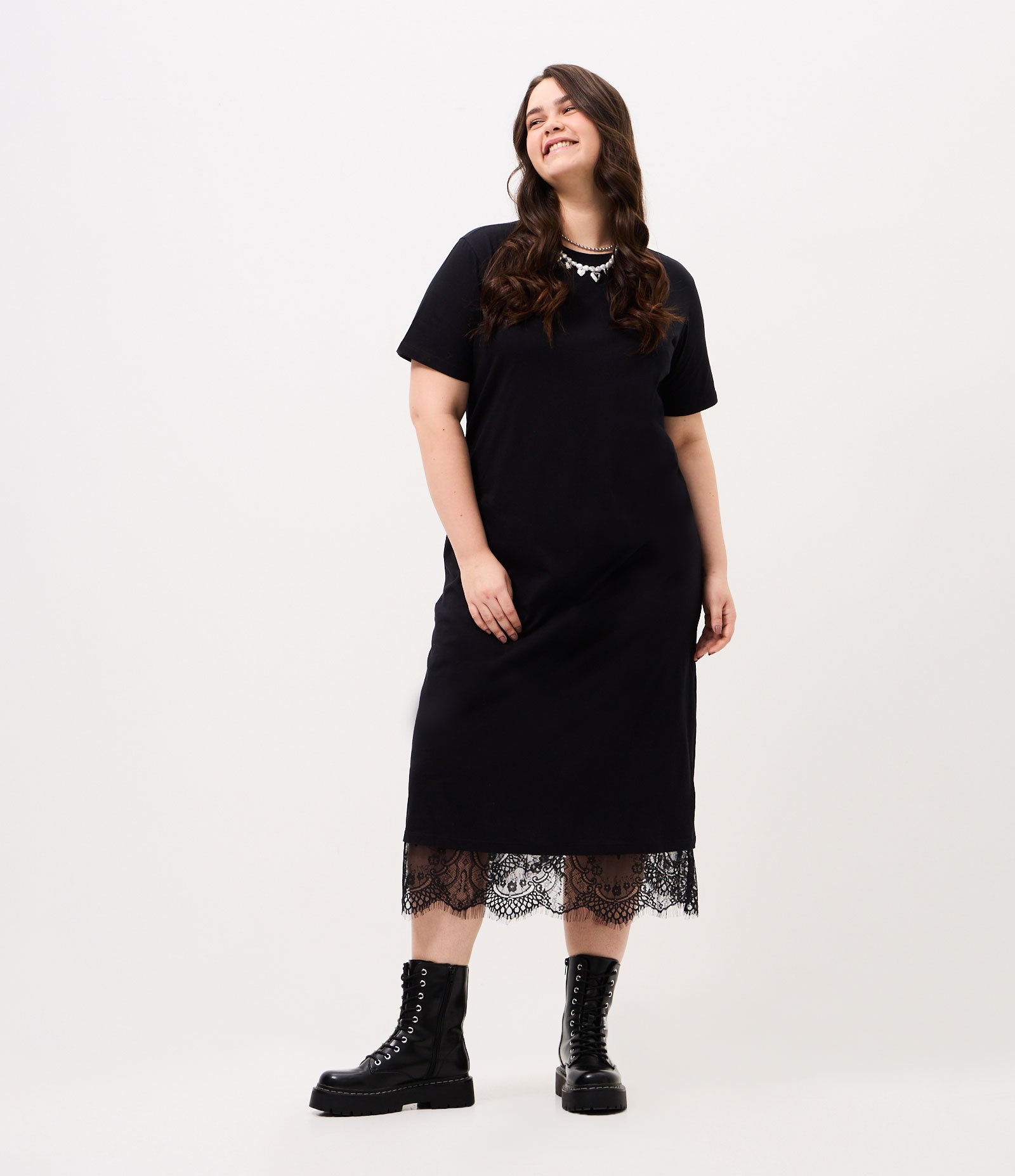 Vestido Longo em Algodão com Detalhe em Renda Curve & Plus Size Preto 1