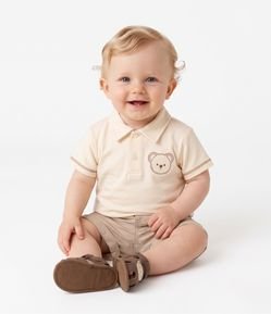 Camiseta Polo Infantil Em Algodão Bordado Urso com Acabamento Contrastante - Tam 0 a 18 Meses