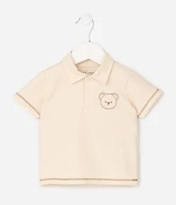 Camiseta Polo Infantil Em Algodão Bordado Urso com Acabamento Contrastante - Tam 0 a 18 Meses