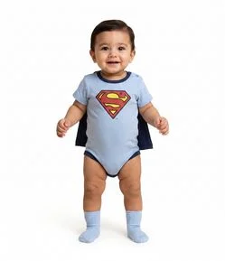 Body Bebê Cotton Super Homem Com Capa Removível Tam  03 a 18 Meses
