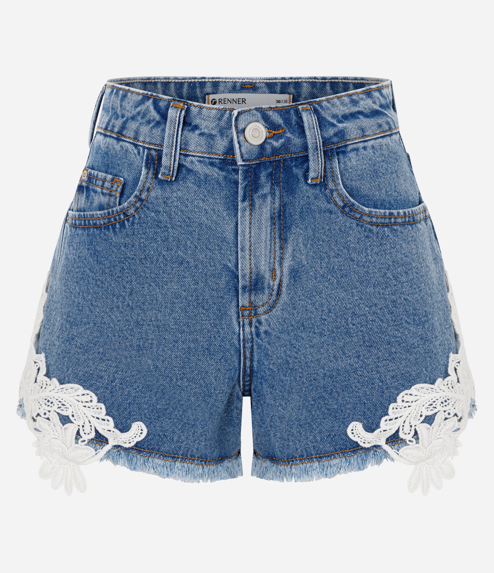 Short em Jeans com Renda Floral e Barra Desfiada Azul 5