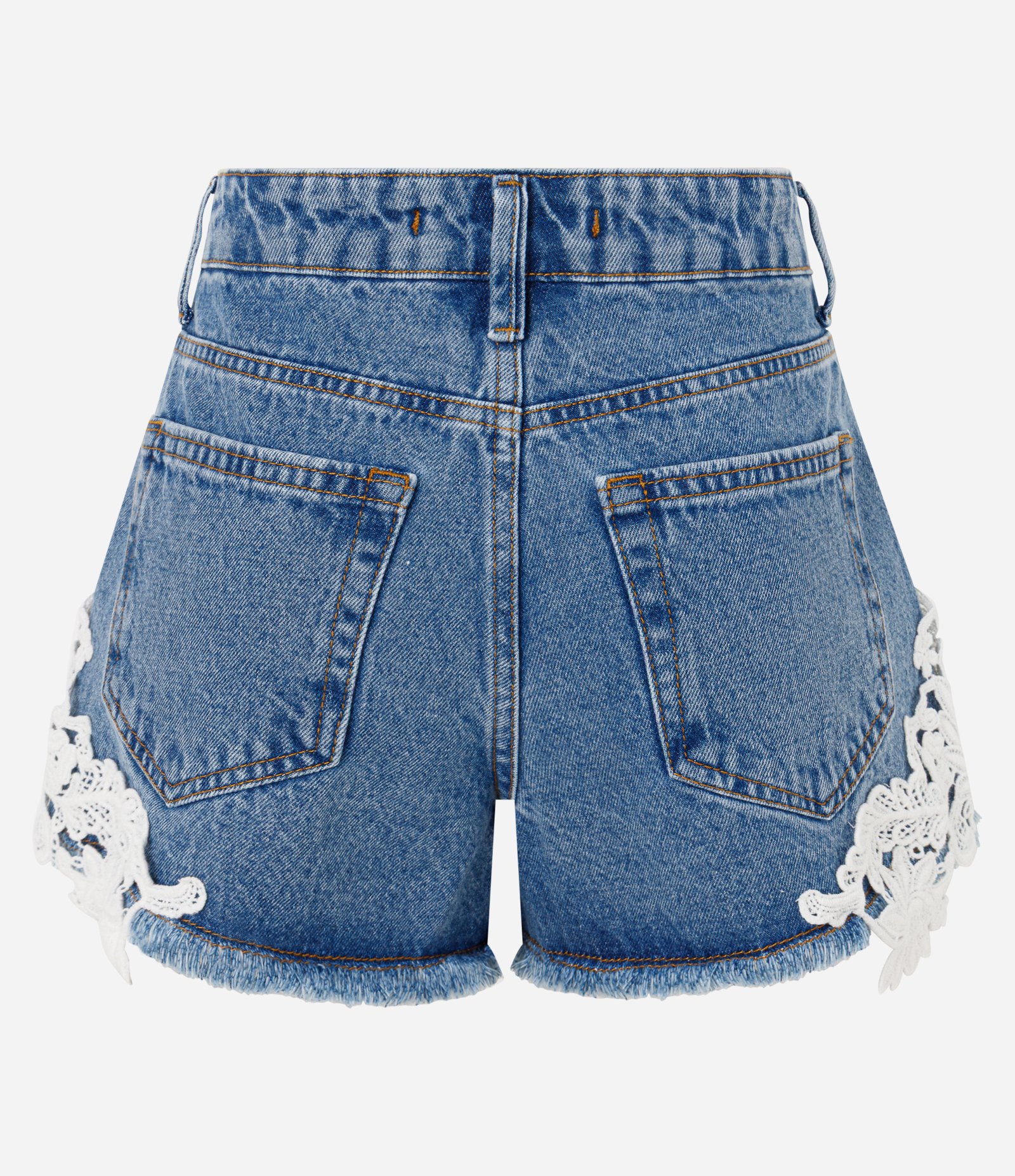 Short em Jeans com Renda Floral e Barra Desfiada Azul 7