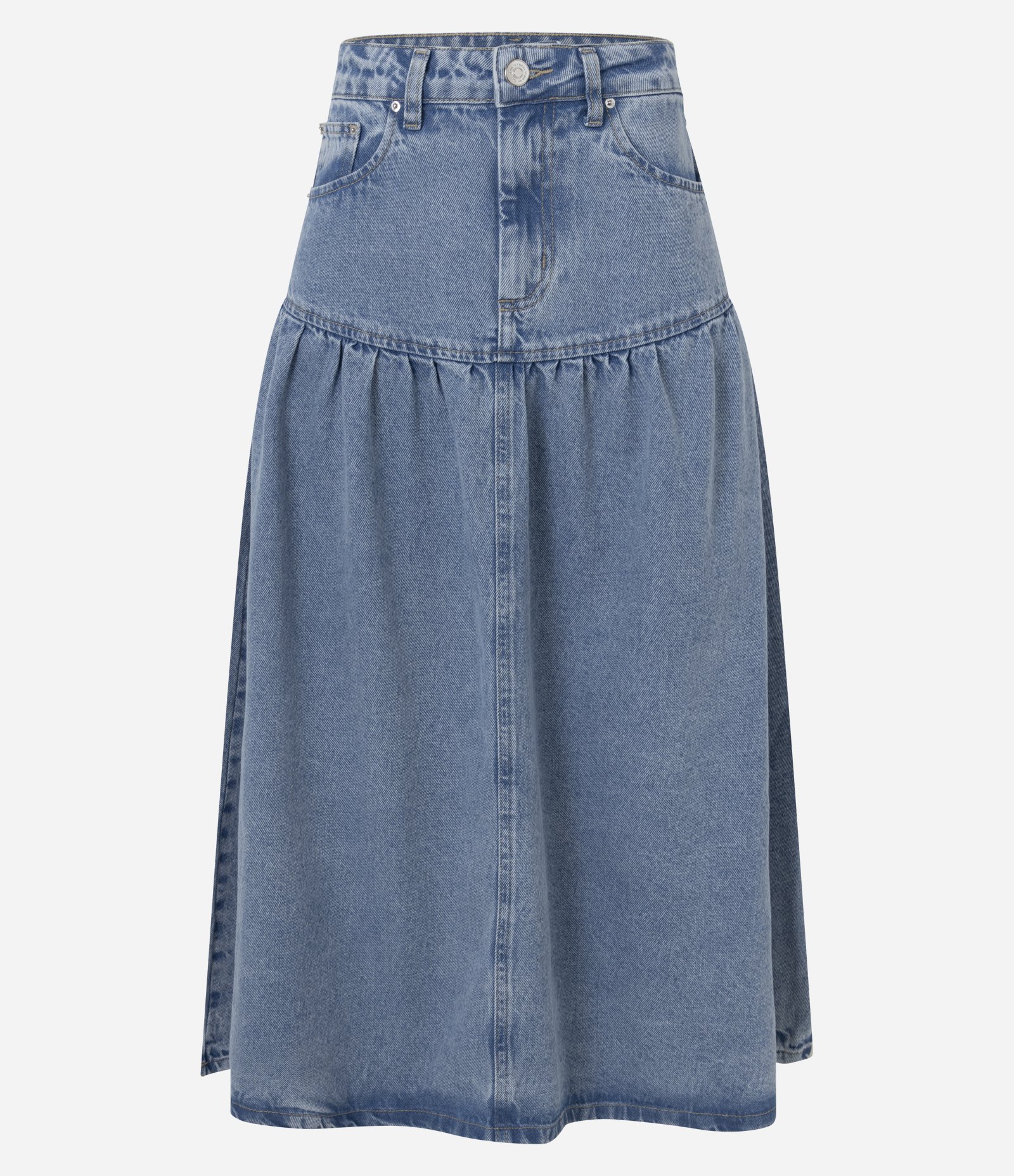 Saia Midi em Jeans com Cintura Alta com Recorte Franzido Azul 3