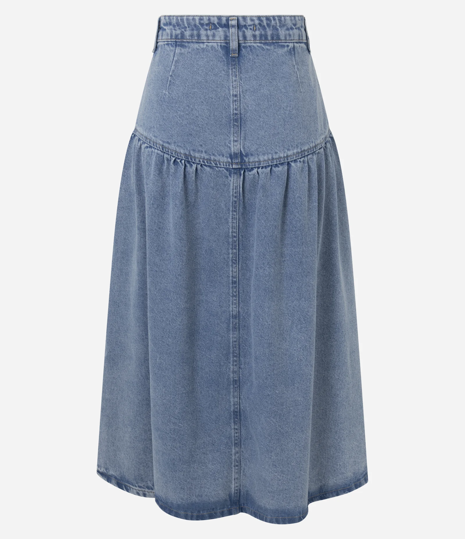 Saia Midi em Jeans com Cintura Alta com Recorte Franzido Azul 4
