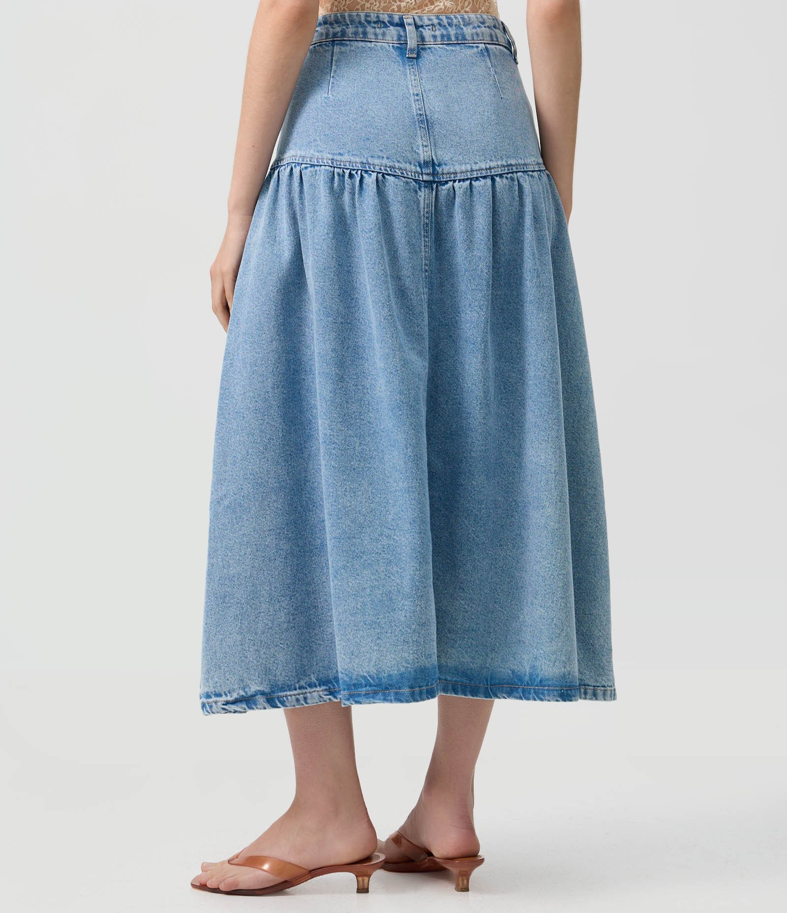 Saia Midi em Jeans com Cintura Alta com Recorte Franzido Azul 5