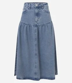 Saia Midi em Jeans com Cintura Alta com Recorte Franzido