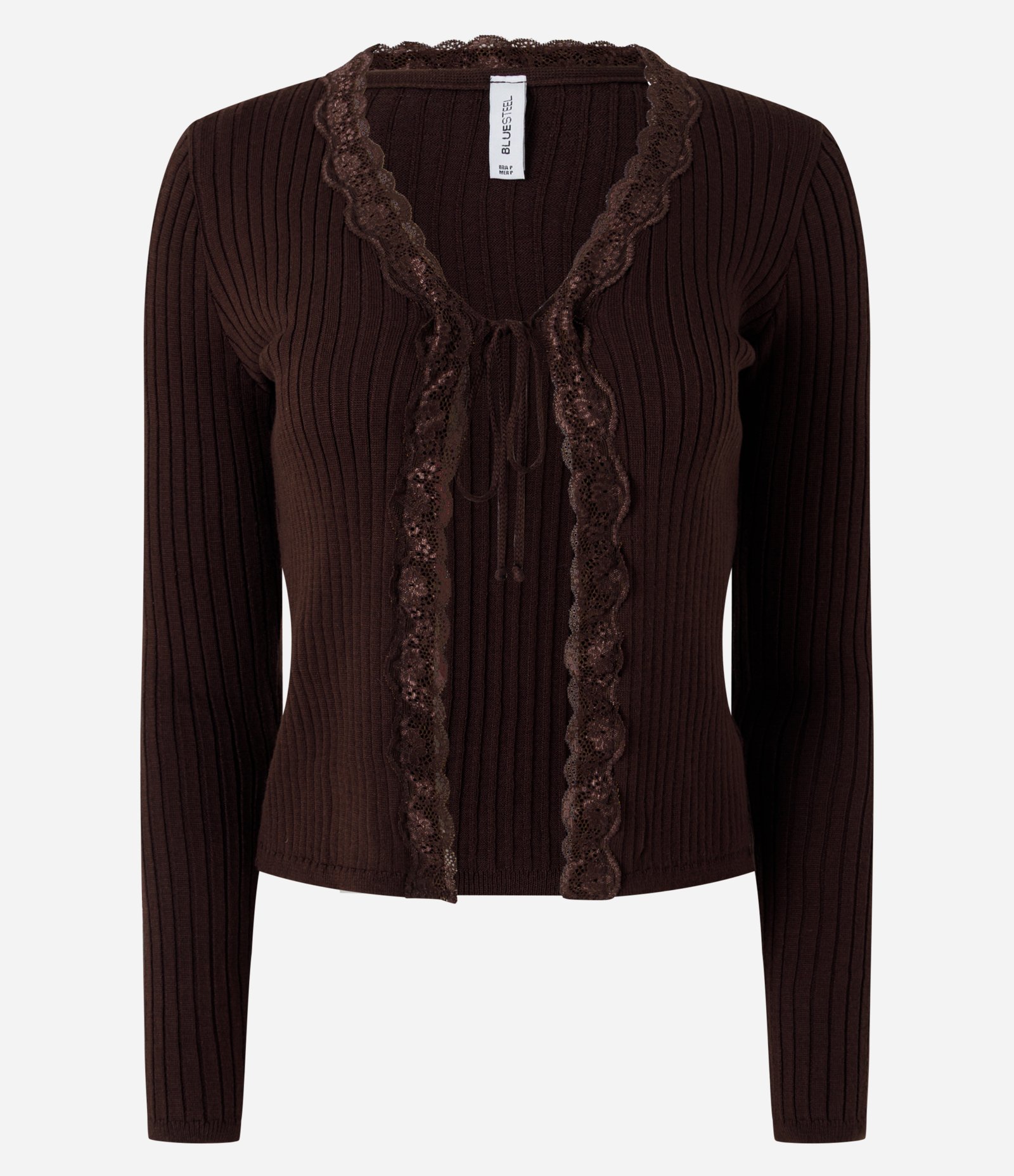 Blusa em Tricô Canelado com Detalhe em Renda e Amarração Marrom 5