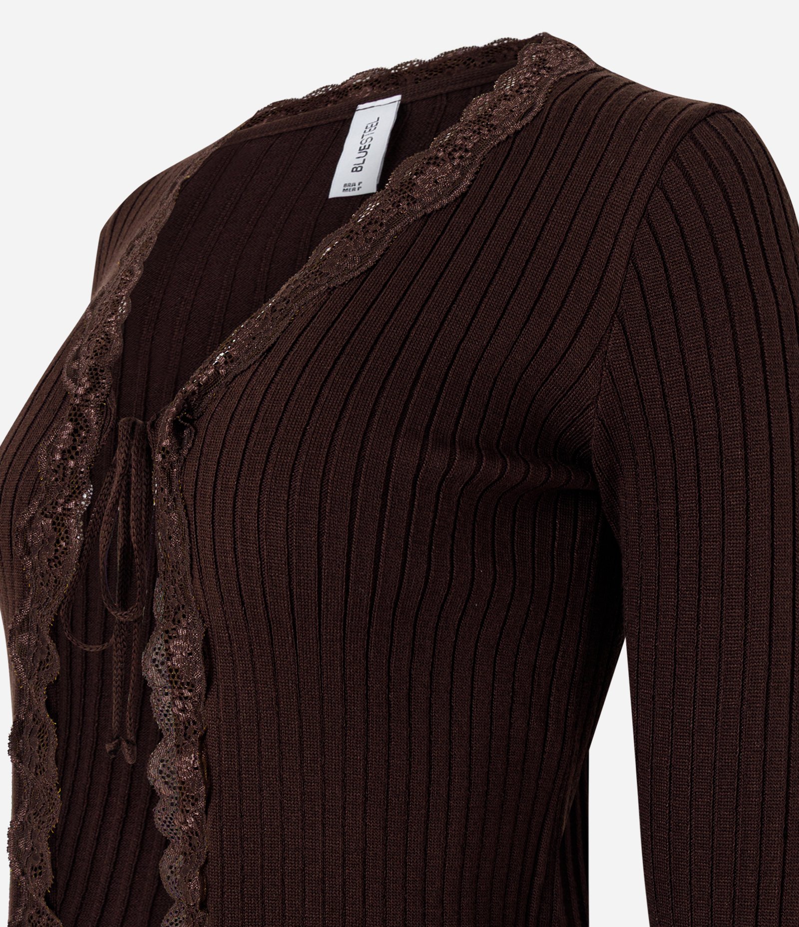 Blusa em Tricô Canelado com Detalhe em Renda e Amarração Marrom 6