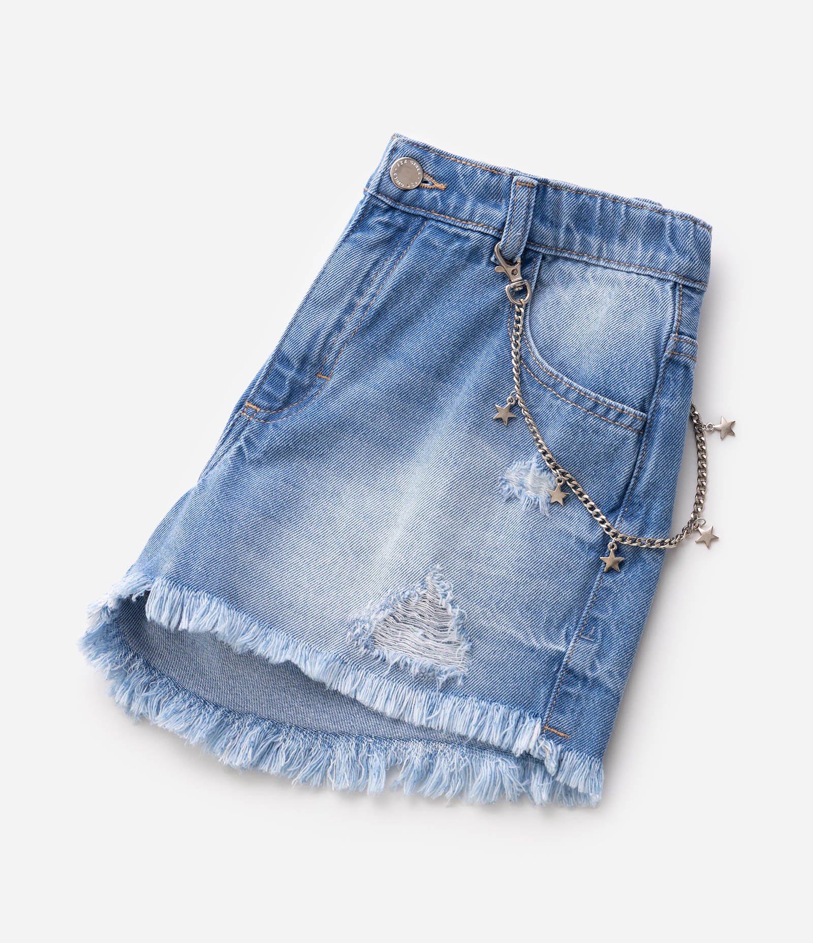 Short Jeans Infantil Destroyed com Corrente e Barra Desfiada - Tam 5 a 16 Anos Azul 4