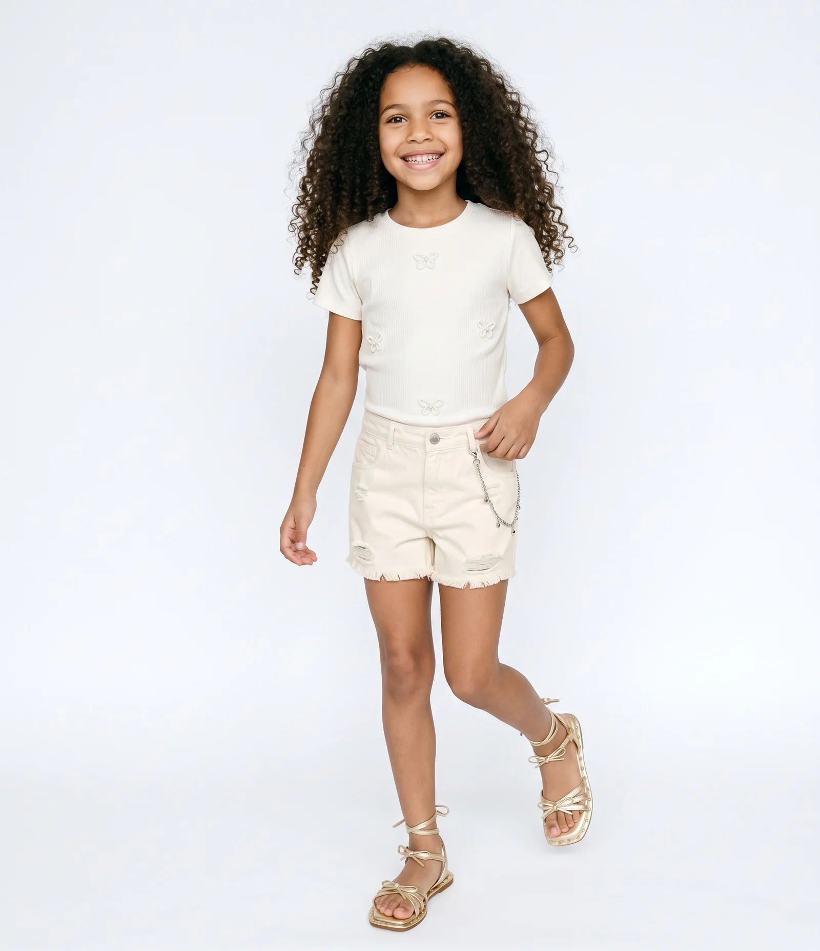 Short Destroyed Infantil Em Algodão com Corrente e Barra Desfiada - Tam 5 a 16 Anos Branco 1