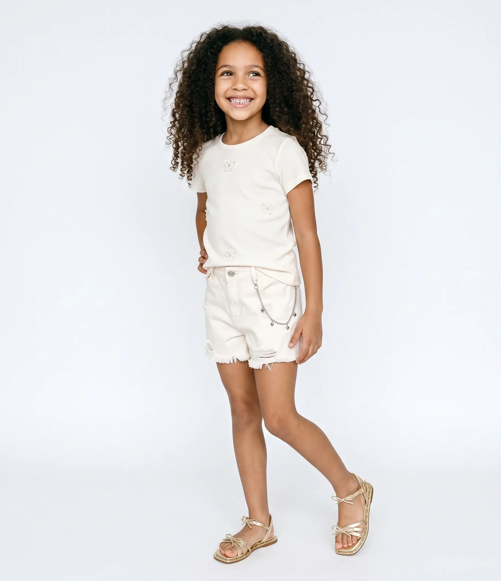 Short Destroyed Infantil Em Algodão com Corrente e Barra Desfiada - Tam 5 a 16 Anos Branco 2