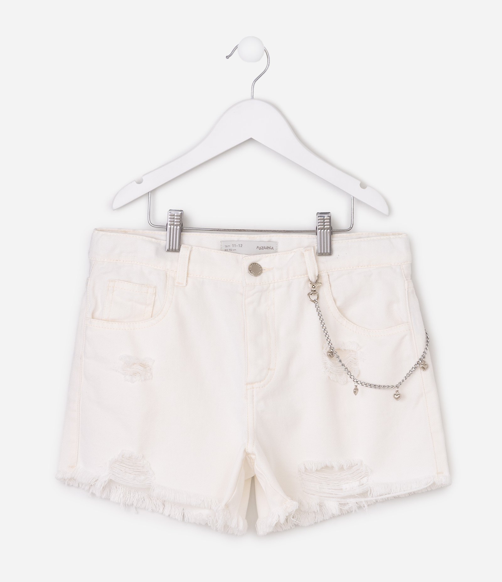 Short Destroyed Infantil Em Algodão com Corrente e Barra Desfiada - Tam 5 a 16 Anos Branco 3