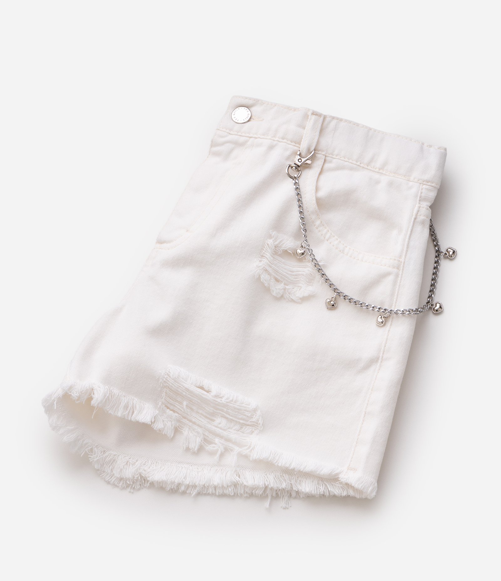 Short Destroyed Infantil Em Algodão com Corrente e Barra Desfiada - Tam 5 a 16 Anos Branco 6