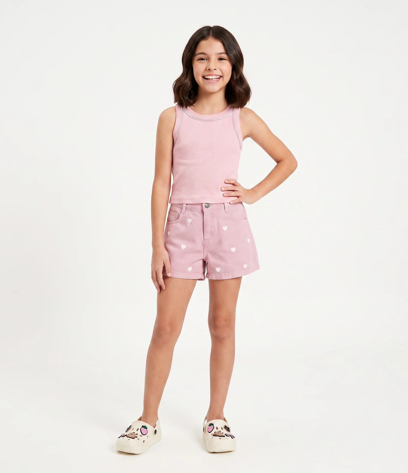Short Infantil Em Algodão Com Estampa de coração - Tam 5 a 16 Anos Rosa 1