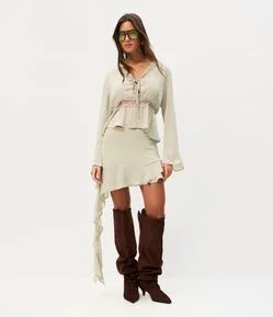 Saia Evasê Chiffon com Babados Assimétricos