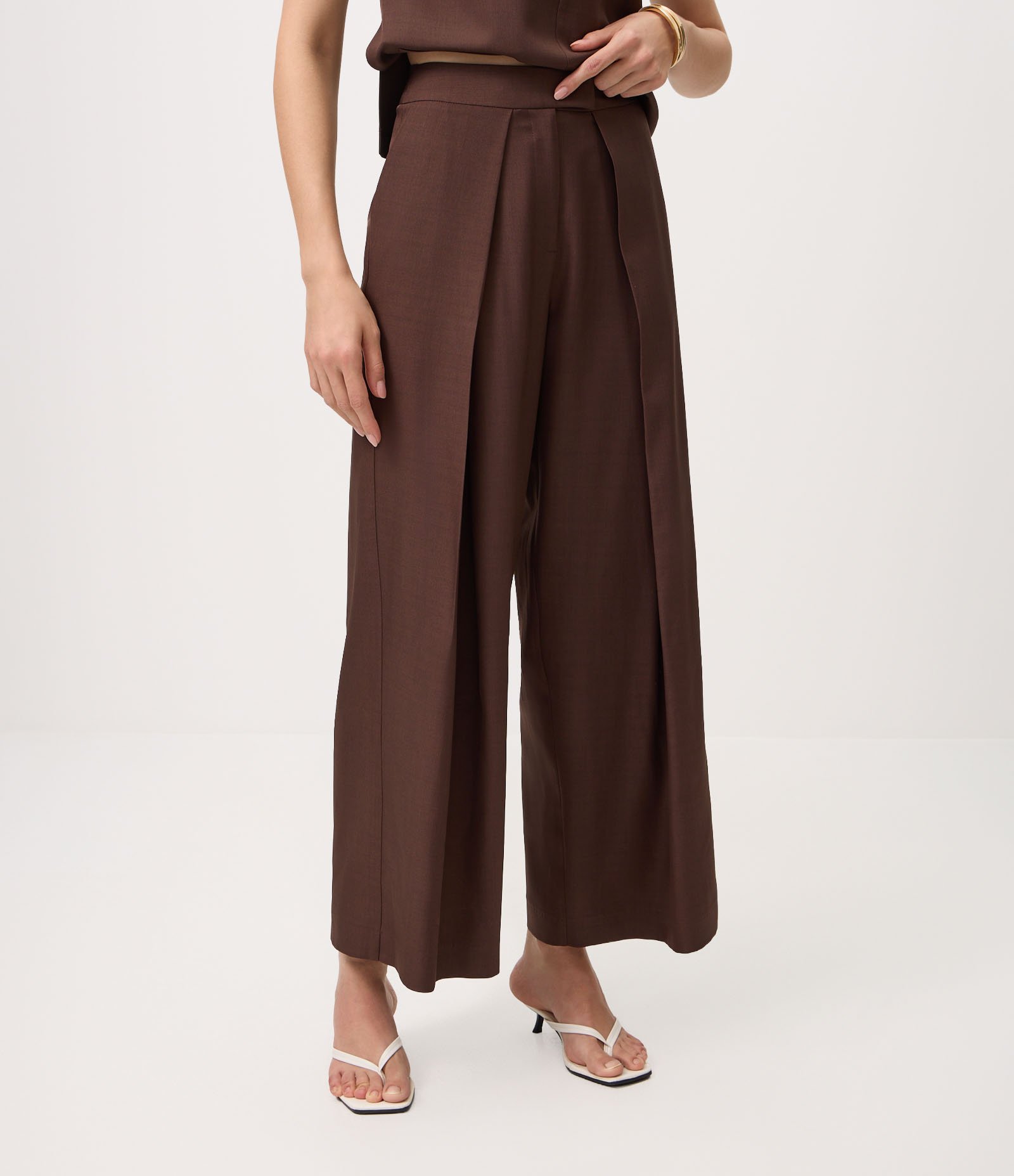 Calça Wide Leg Alfaiatada com Pregas Frontais Marrom 3