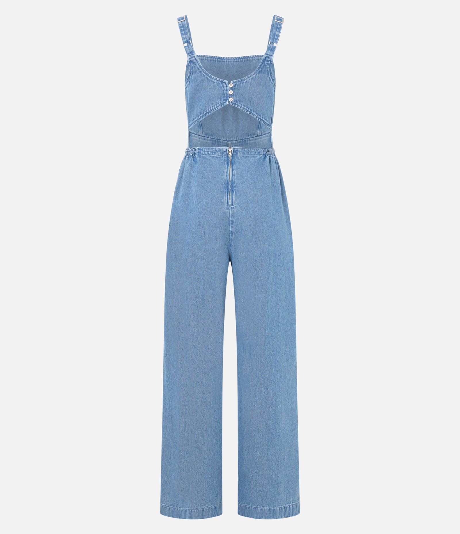 Macacão Jeans Com Alças Finas Decote Reto Azul 6