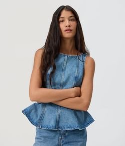 Blusa Jeans Peplum sem Mangas com Recortes