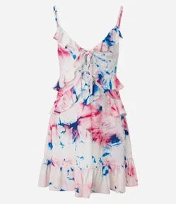 Vestido Curto em Viscose com Babados e Estampa Floral Aquarela