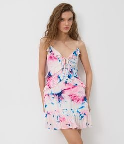 Vestido Curto em Viscose com Babados e Estampa Floral Aquarela