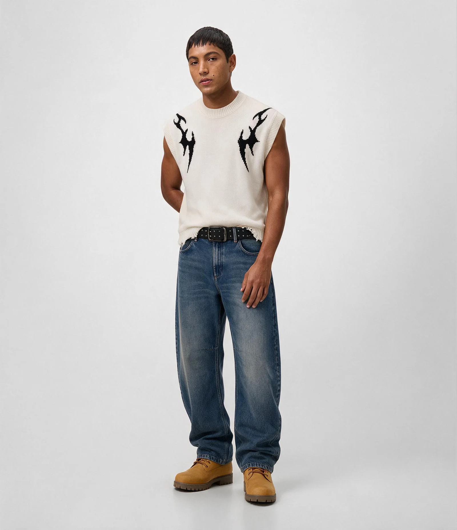 Calça Jeans Baggy com Recortes Curvos Azul 1