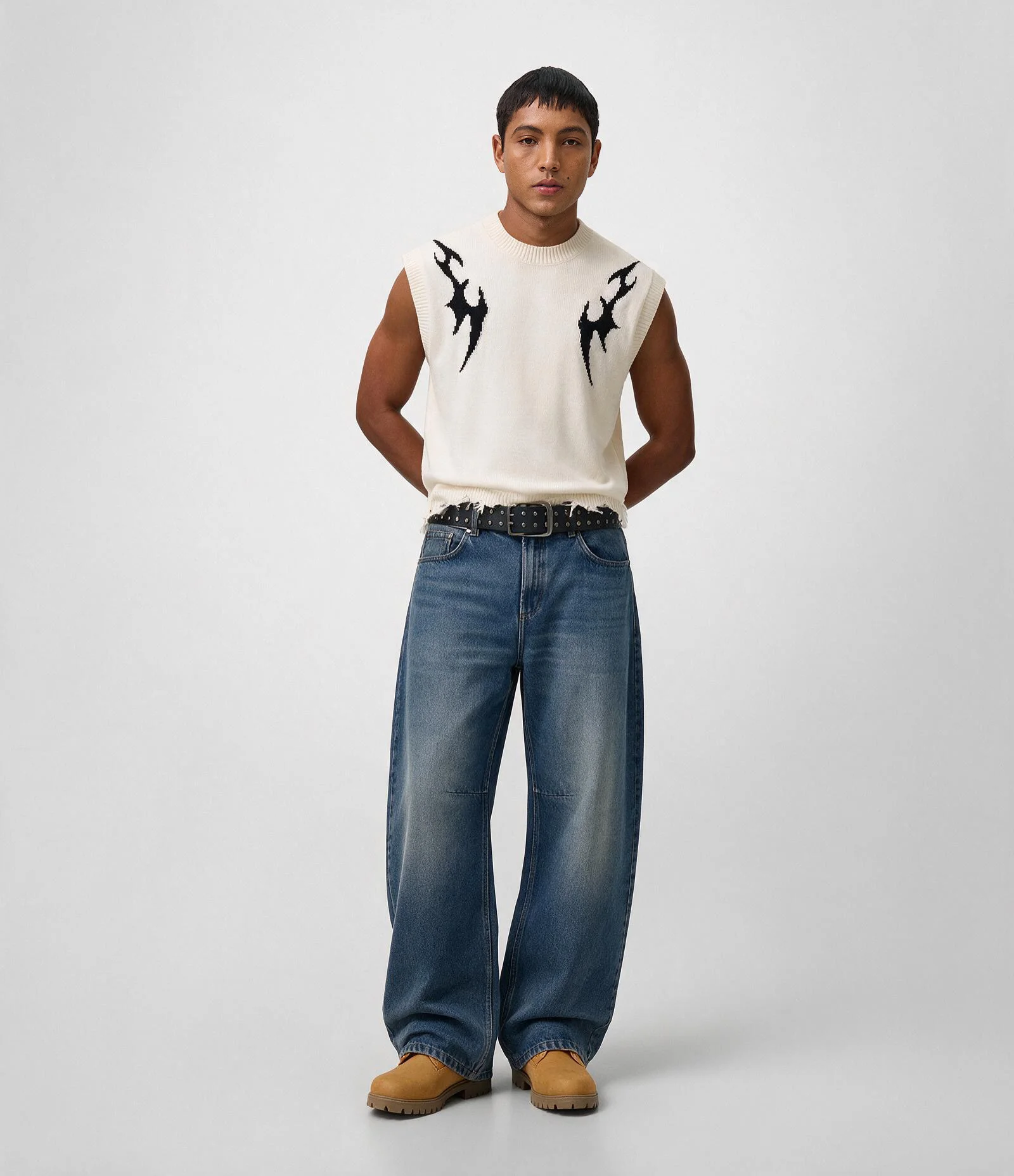 Calça Jeans Baggy com Recortes Curvos Azul 2
