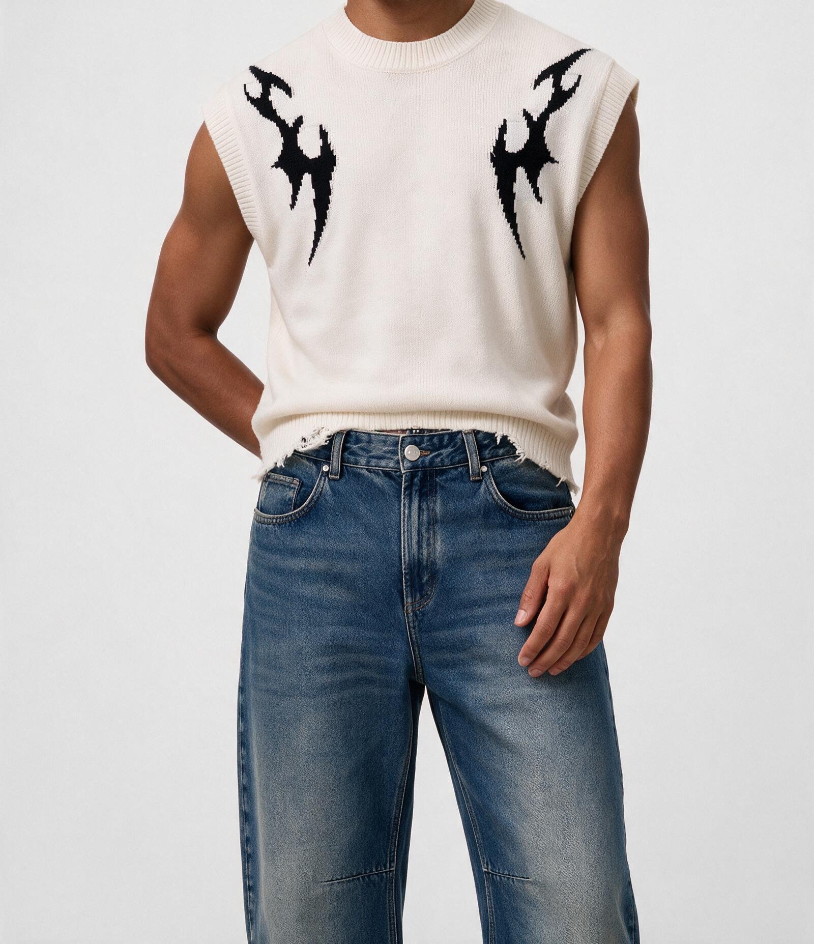Calça Jeans Baggy com Recortes Curvos Azul 3