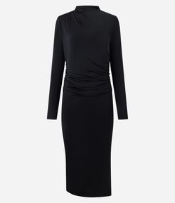 Vestido Midi com Pregas no Ombro e Fenda Lateral