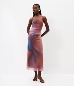 Vestido Midi em Tule com Efeito Manchado e Drapeado