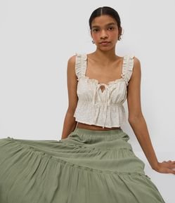 Blusa Regata com Bordado Floral Texturizado e Amarração Frontal