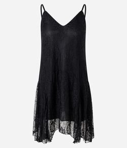 Vestido Curto Assimétrico em Renda com Barra com Transparência